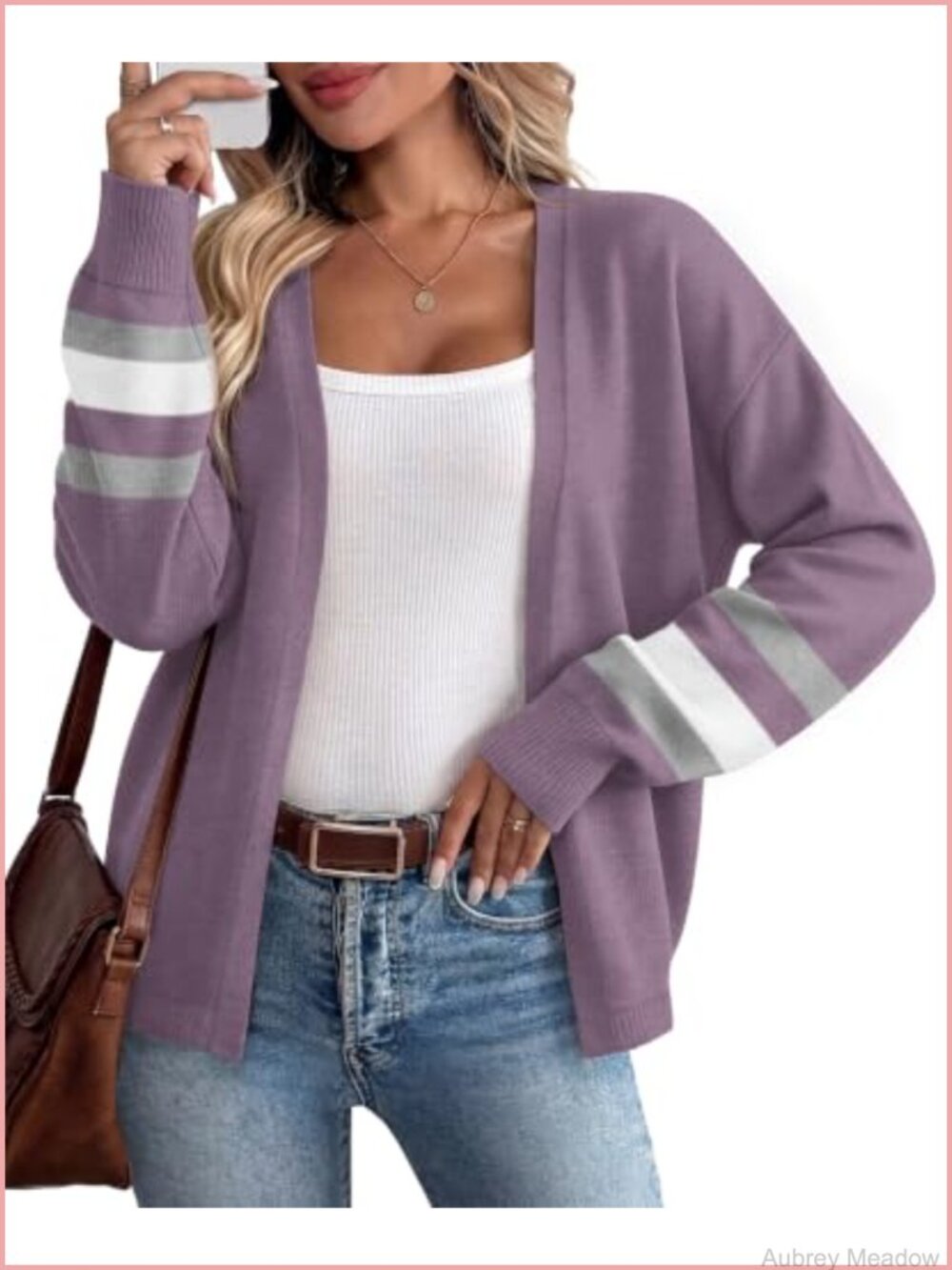 Open Front Knit Cardigan Sweater with Striped Cuffs Loose Balloon Sleeve